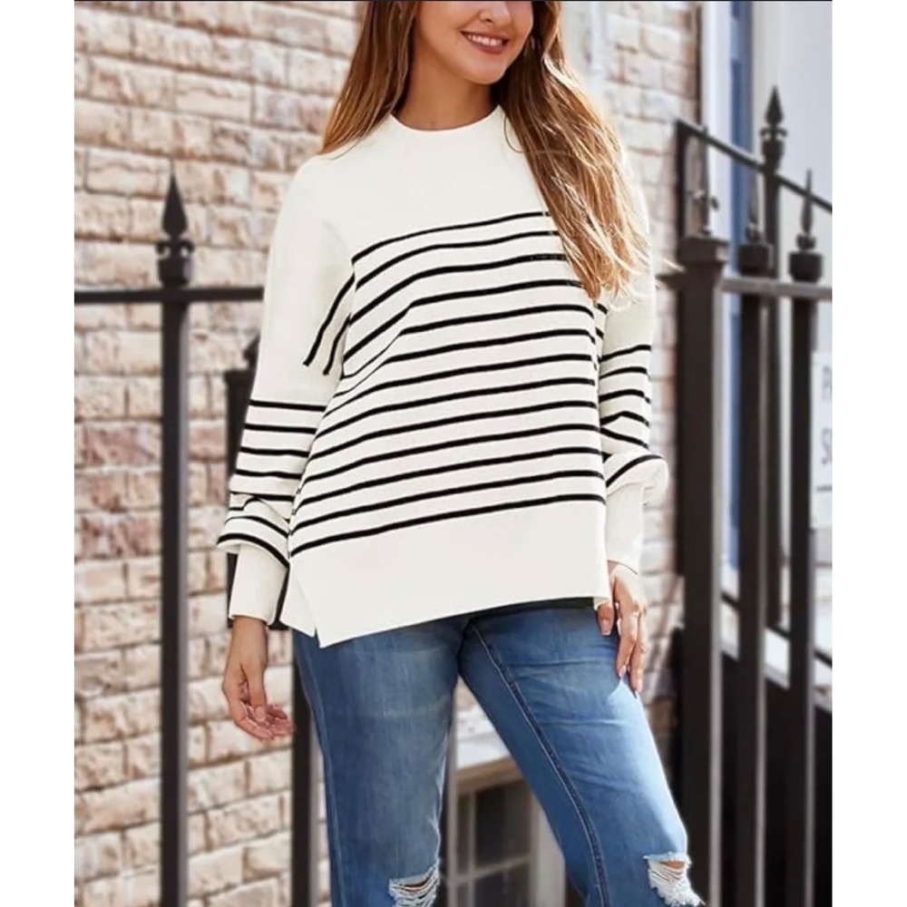 Lillusory Crewneck Sweater Striped Oversized Puff Sleeve Women's Size Medium